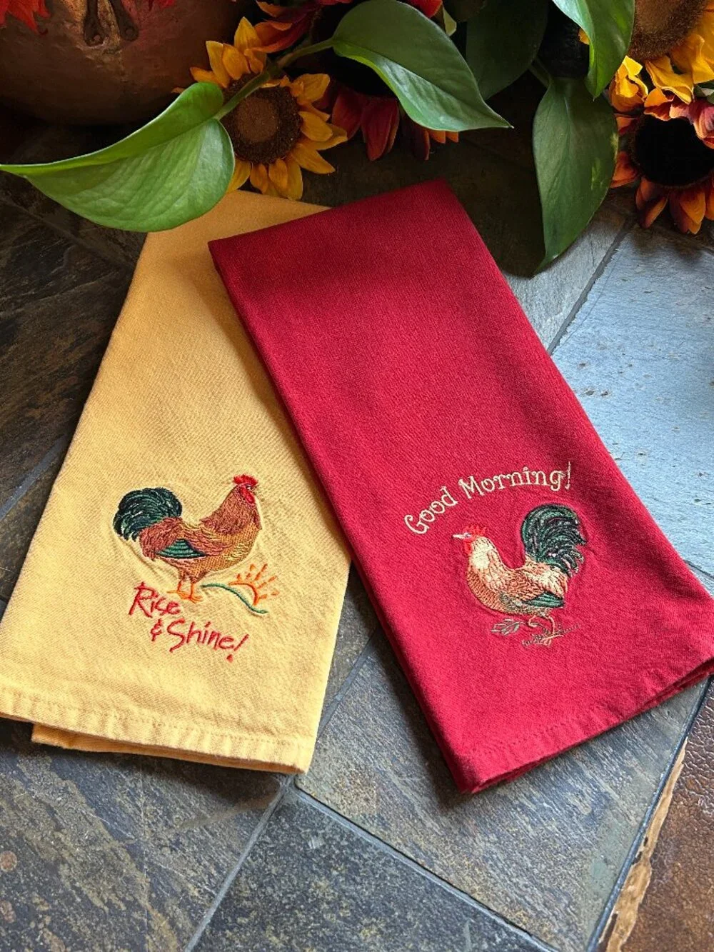 Embroidered Rooster Kitchen Tea Towels – Set of 2